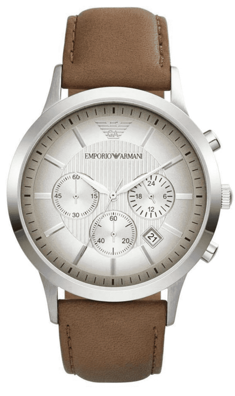 Emporio Armani Classic Chronograph Silver Dial Brown Leather Strap Watch For Men - AR2471