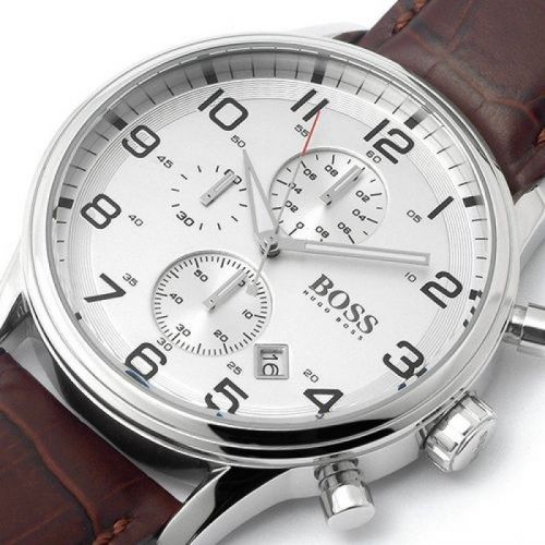 Hugo Boss Aeroliner Chronoraph White Dial Brown Leather Strap Watch For Men - 1512447