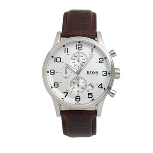 Hugo Boss Aeroliner Chronoraph White Dial Brown Leather Strap Watch For Men - 1512447