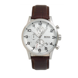 Hugo Boss Aeroliner Chronoraph White Dial Brown Leather Strap Watch For Men - 1512447