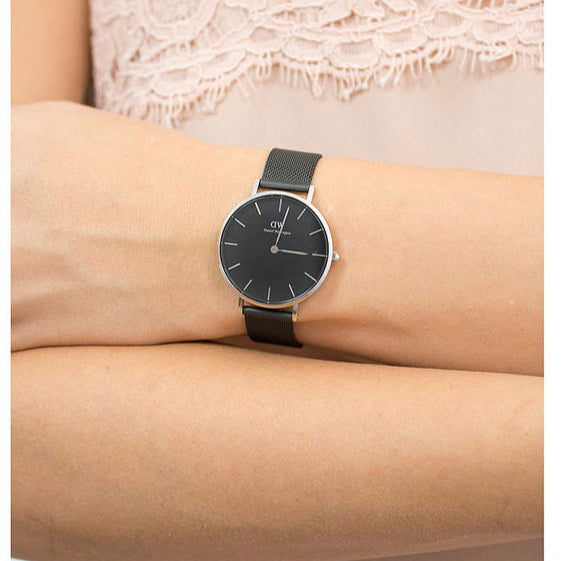 Daniel Wellington Petite Ashfield Black Dial Black Mesh Strap Watch For Women - DW00100202