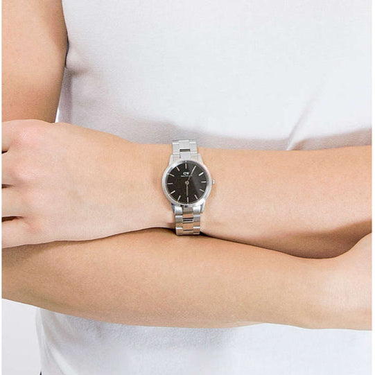 Daniel Wellington Iconic Link Black Dial Silver Steel Strap Watch For Women - DW00100206