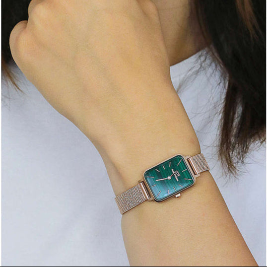 Daniel Wellington Quadro Melrose Green Dial Rose Gold Mesh Strap Watch For Women - DW00100437