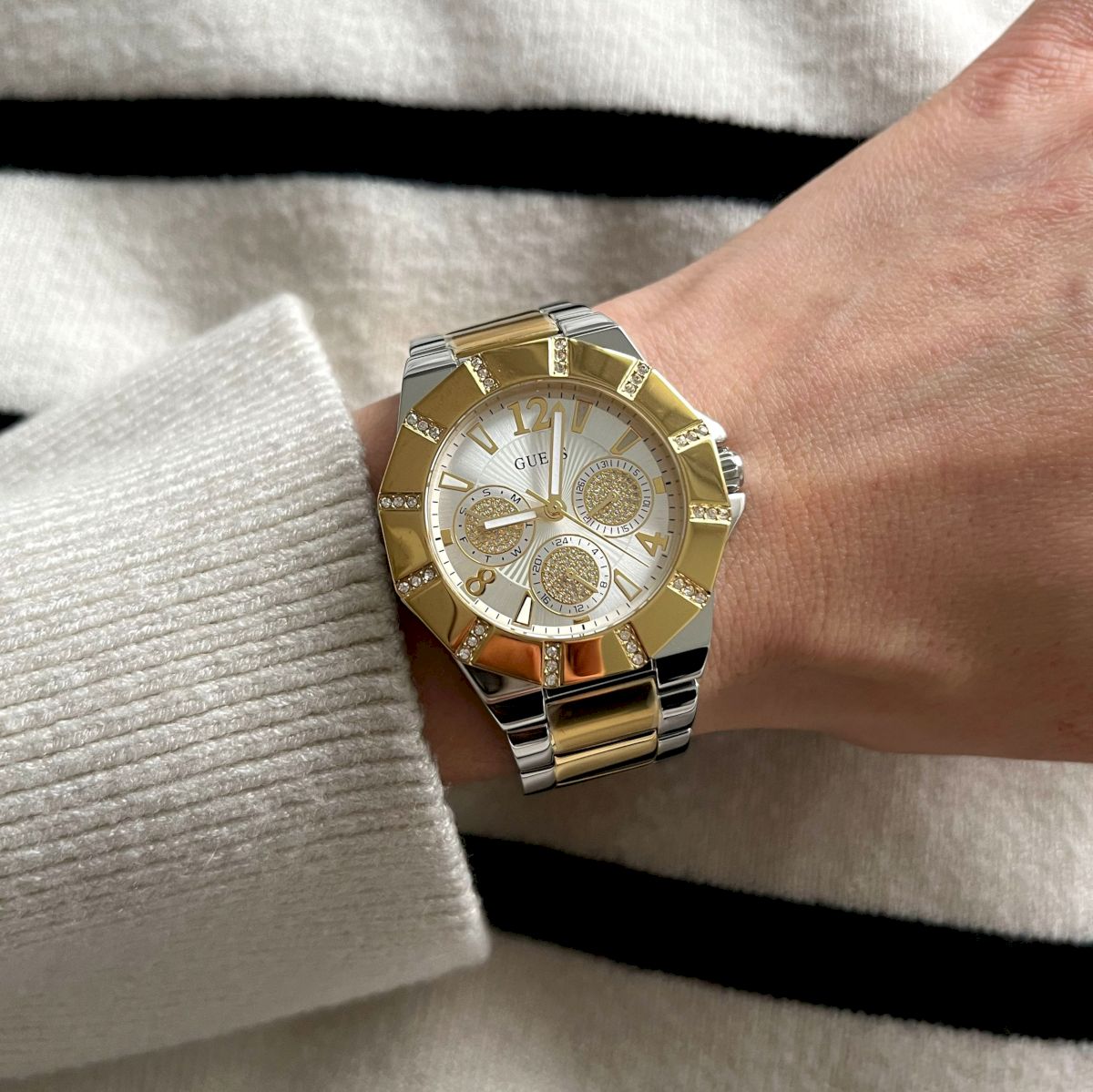 Guess Sunray Multifunction Silver Dial Two Tone Steel Strap Watch for Women - GW0616L2