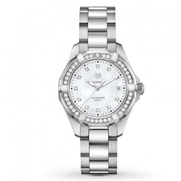 Tag Heuer Aquaracer Diamonds Mother of Pearl White Dial Silver Steel Strap Watch for Women - WBD131C.BA0748