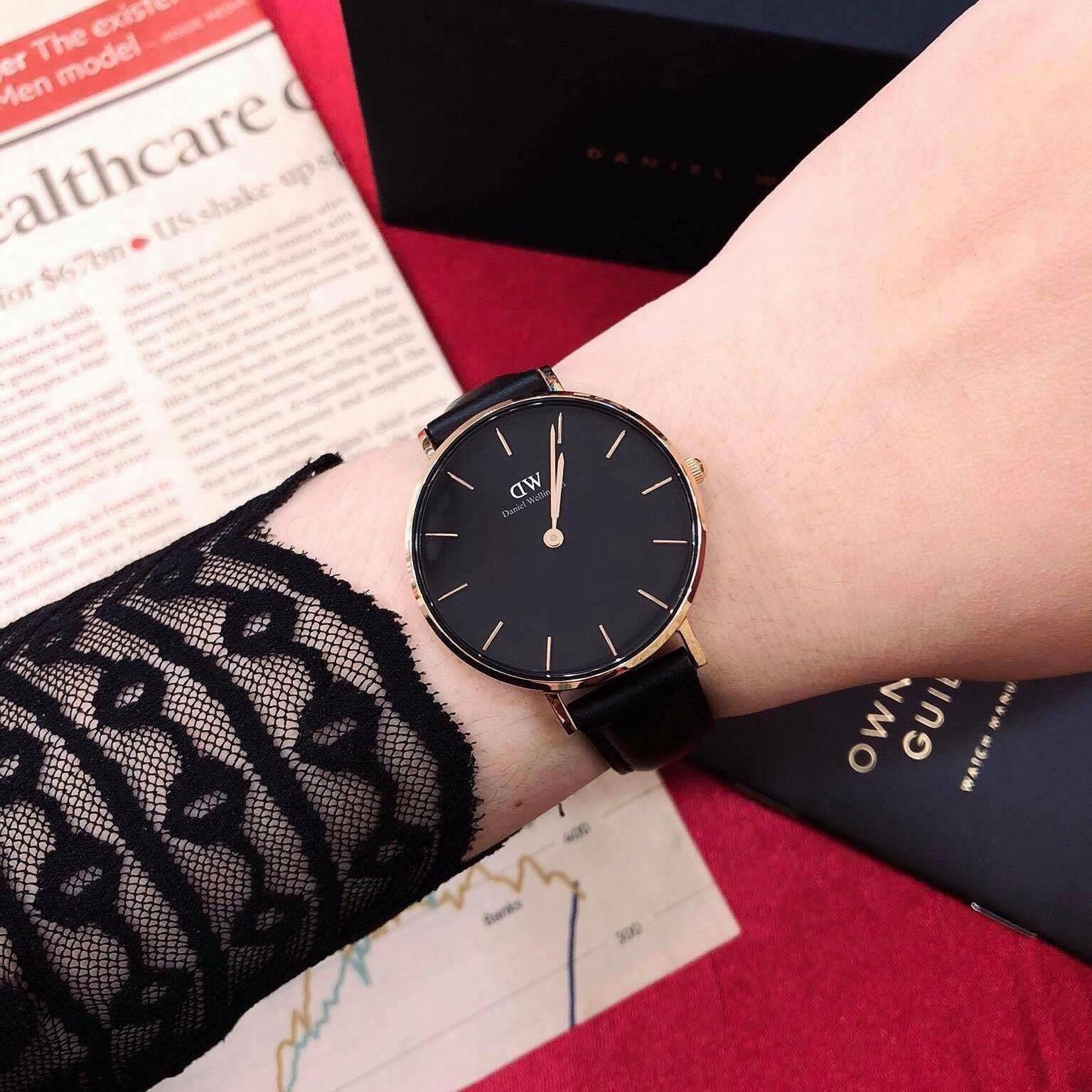 Daniel Wellington Petite Sheffield Black Dial Black Leather Strap Watch For Women - DW00100168