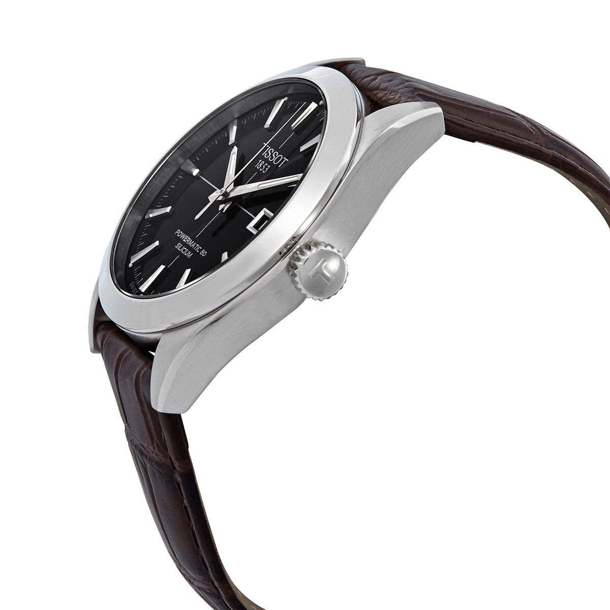 Tissot Gentleman Powermatic 80 Silicium Black Dial Brown Leather Strap Watch For Men - T127.407.16.051.01