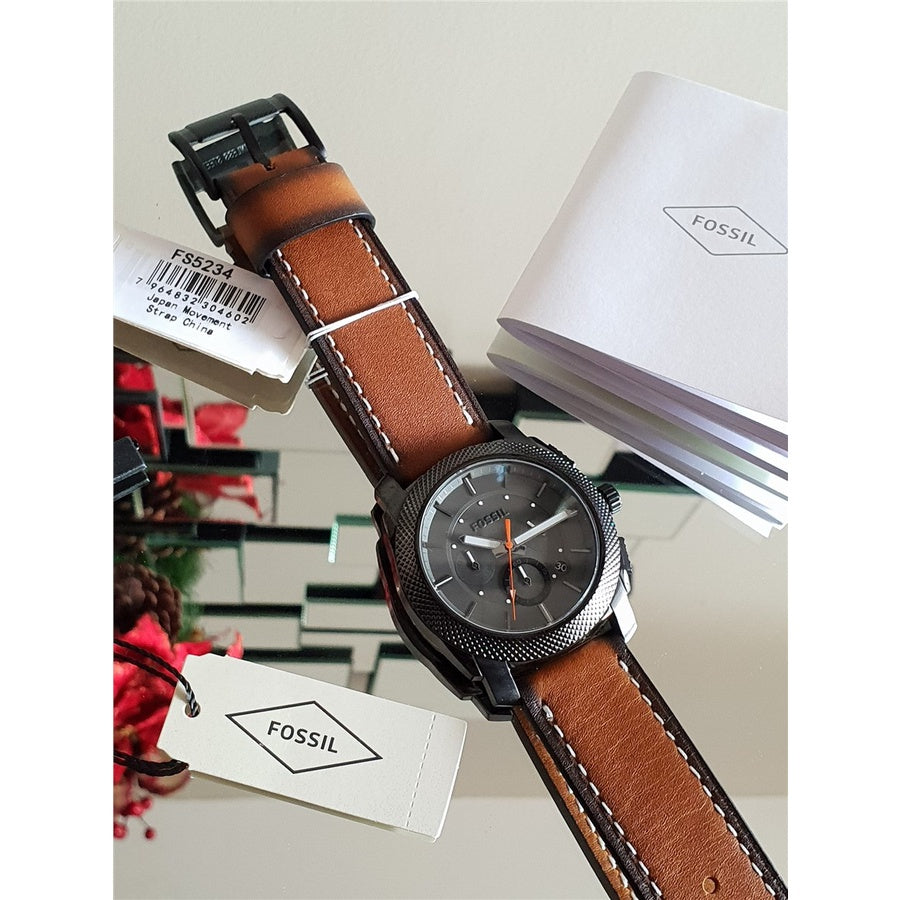 Fossil Machine Chronograph Black Dial Brown Leather Strap Watch for Men - FS5234