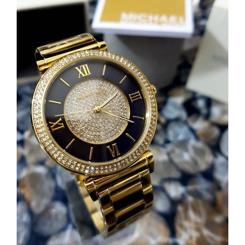 Michael Kors Catlin Black Dial Gold Steel Strap Watch for Women - MK3338