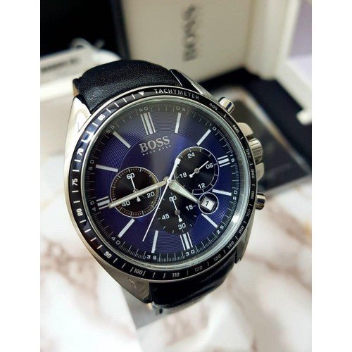 Hugo Boss Driver Sport Chronograph Blue Dial Black Leather Strap Watch for Men - 1513077
