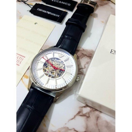Emporio Armani Meccanico Silver Skeleton Dial Black Leather Strap Watch For Men - AR2072