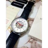Emporio Armani Meccanico Silver Skeleton Dial Black Leather Strap Watch For Men - AR2072
