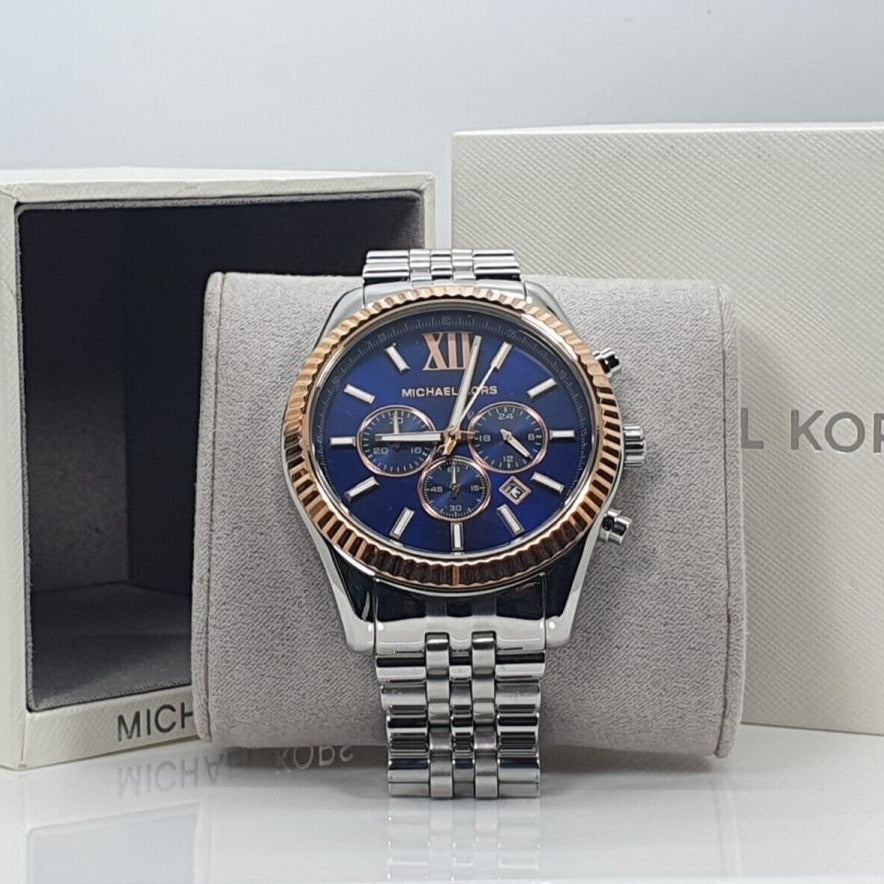 Michael Kors Lexington Chronograph Blue Dial Silver Steel Strap Watch For Men - MK8689