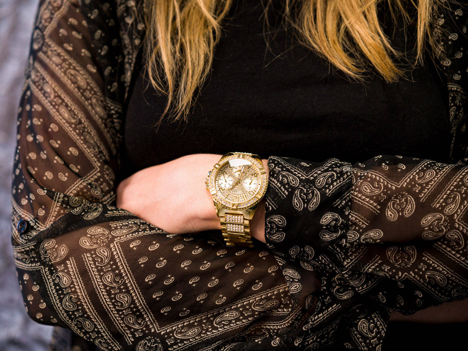 Guess Frontier Diamonds Gold Dial Gold Steel Strap Watch For Women - W1156L2