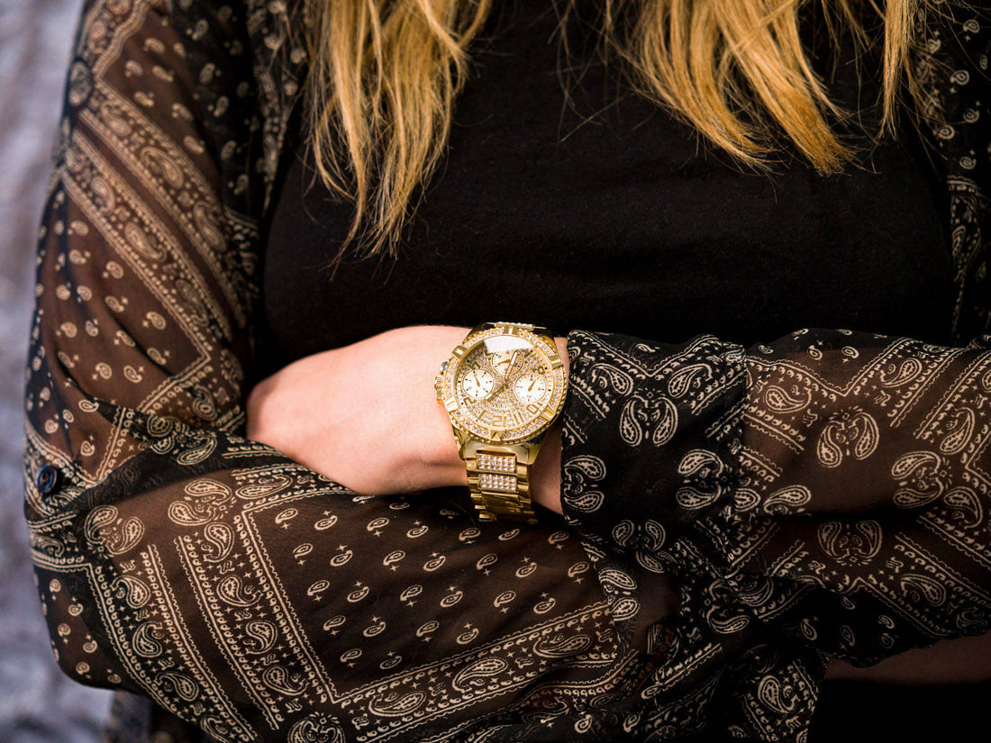 Guess Frontier Diamonds Gold Dial Gold Steel Strap Watch For Women - W1156L2