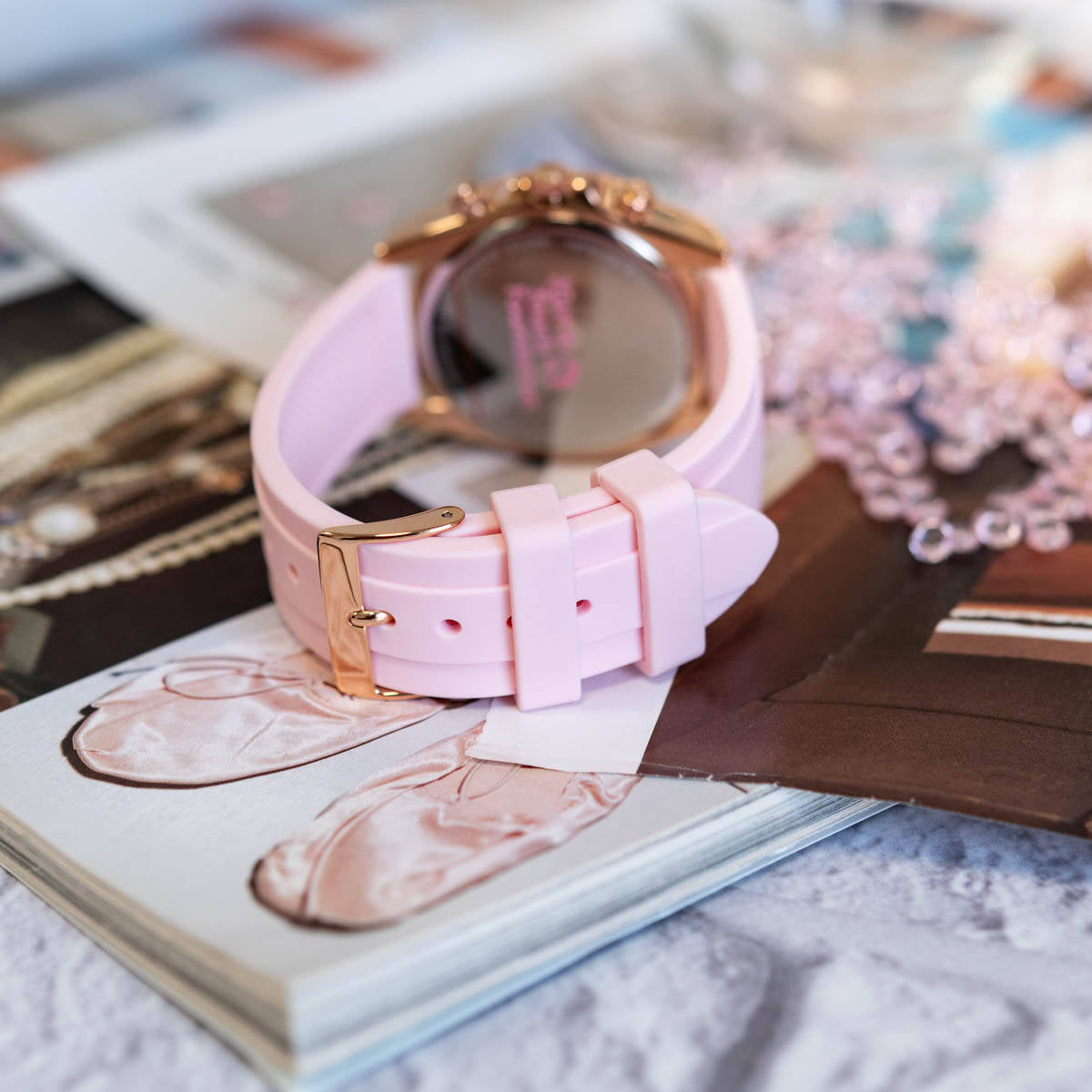 Guess Sparkling Chronograph Crystals Pink Dial Pink Silicone Strap Watch For Women - GW0032L4