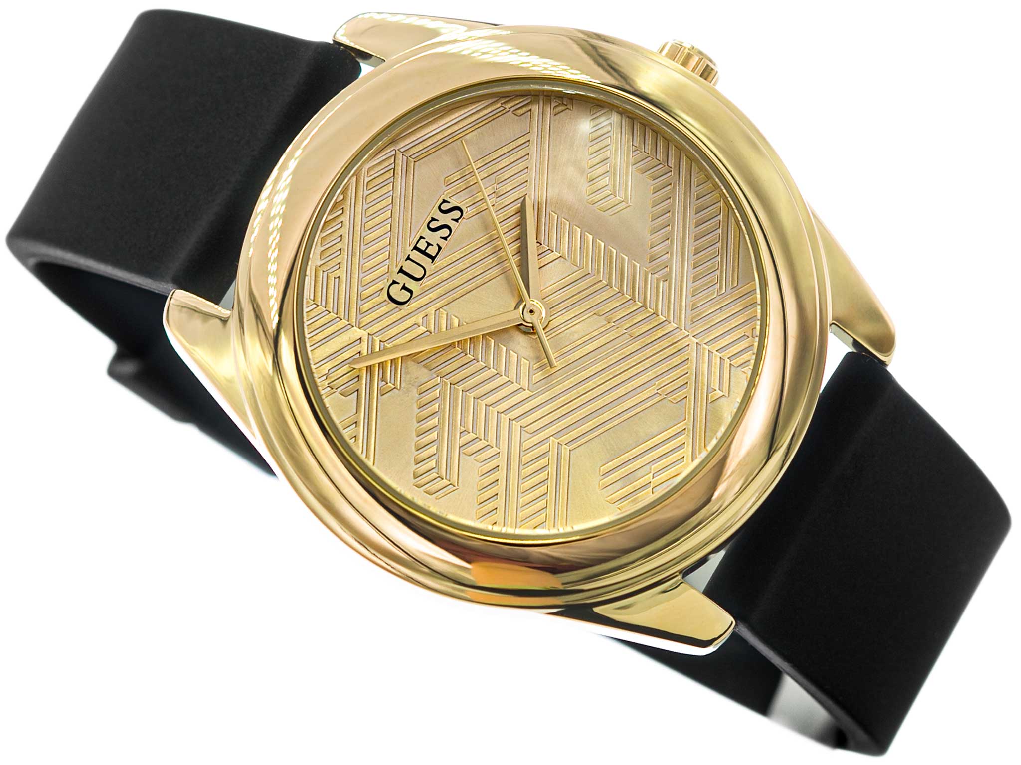 Guess Cubed Analog Gold Dial Black Silicone Strap Watch For Women - GW0665L1