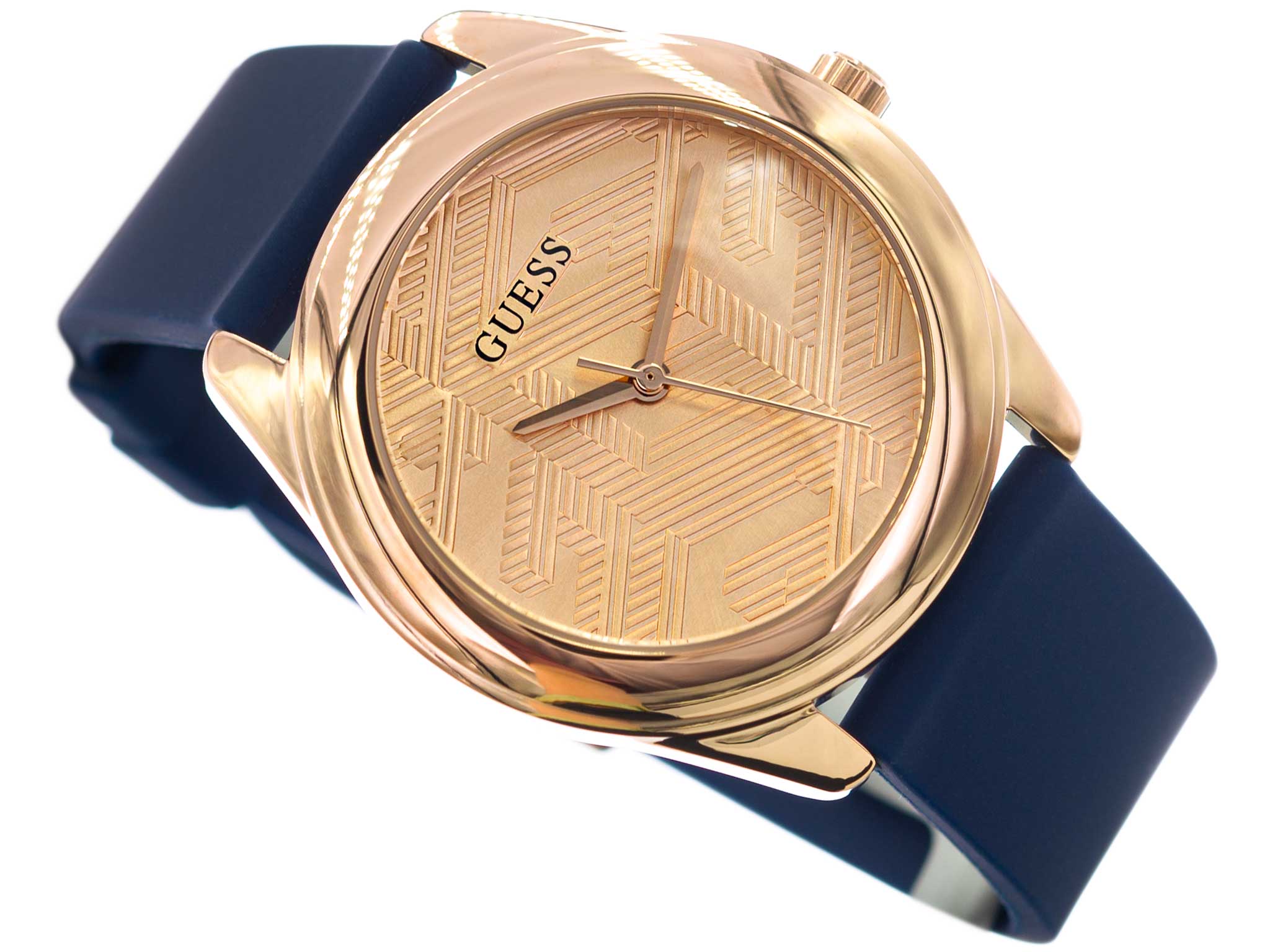 Guess Cubed Analog Rose Gold Dial Blue Leather Strap Watch For Women - GW0665L2