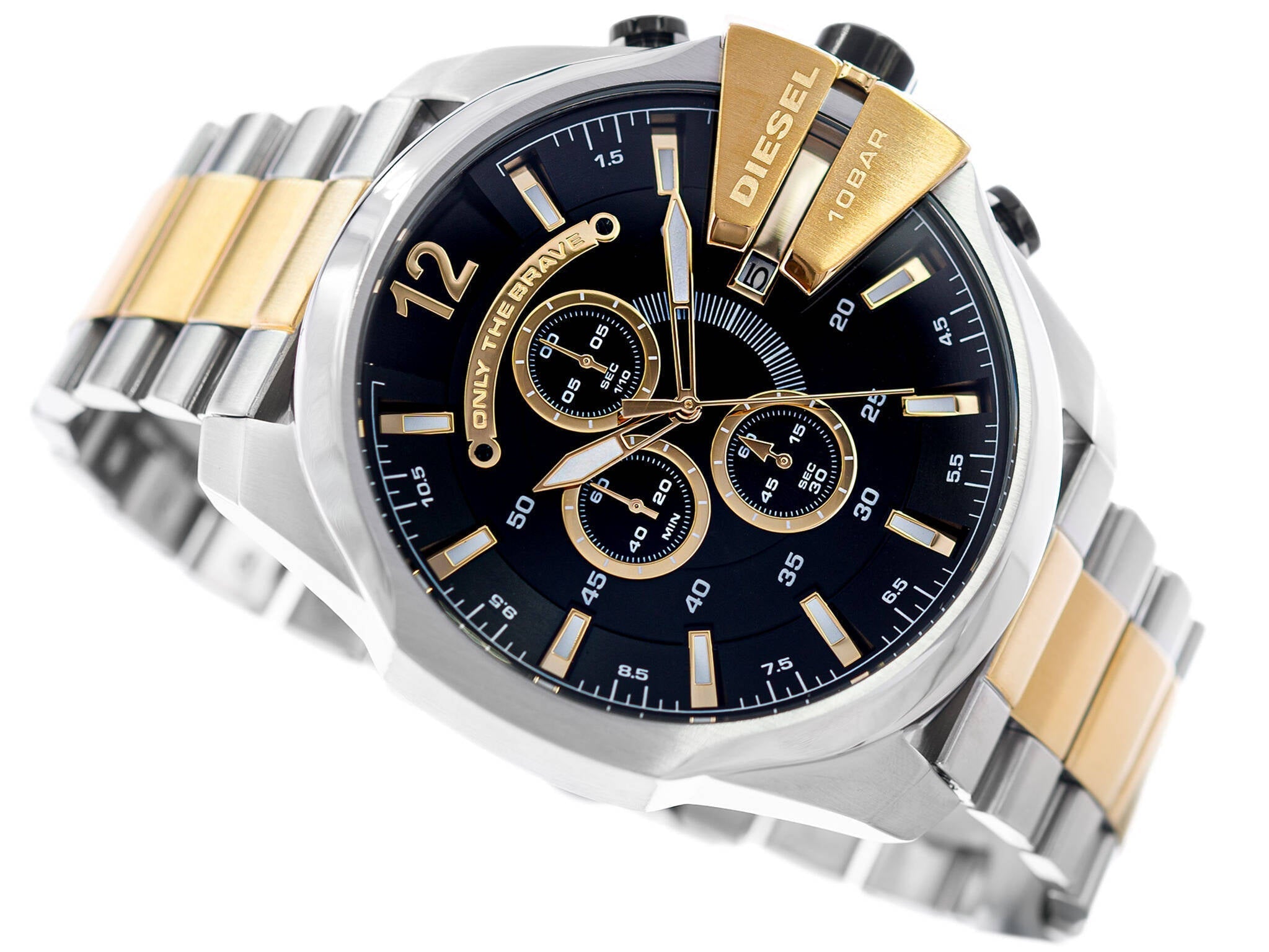 Diesel Mega Chief Chronograph Black Dial Two Tone Steel Strap Watch For Men - DZ4581