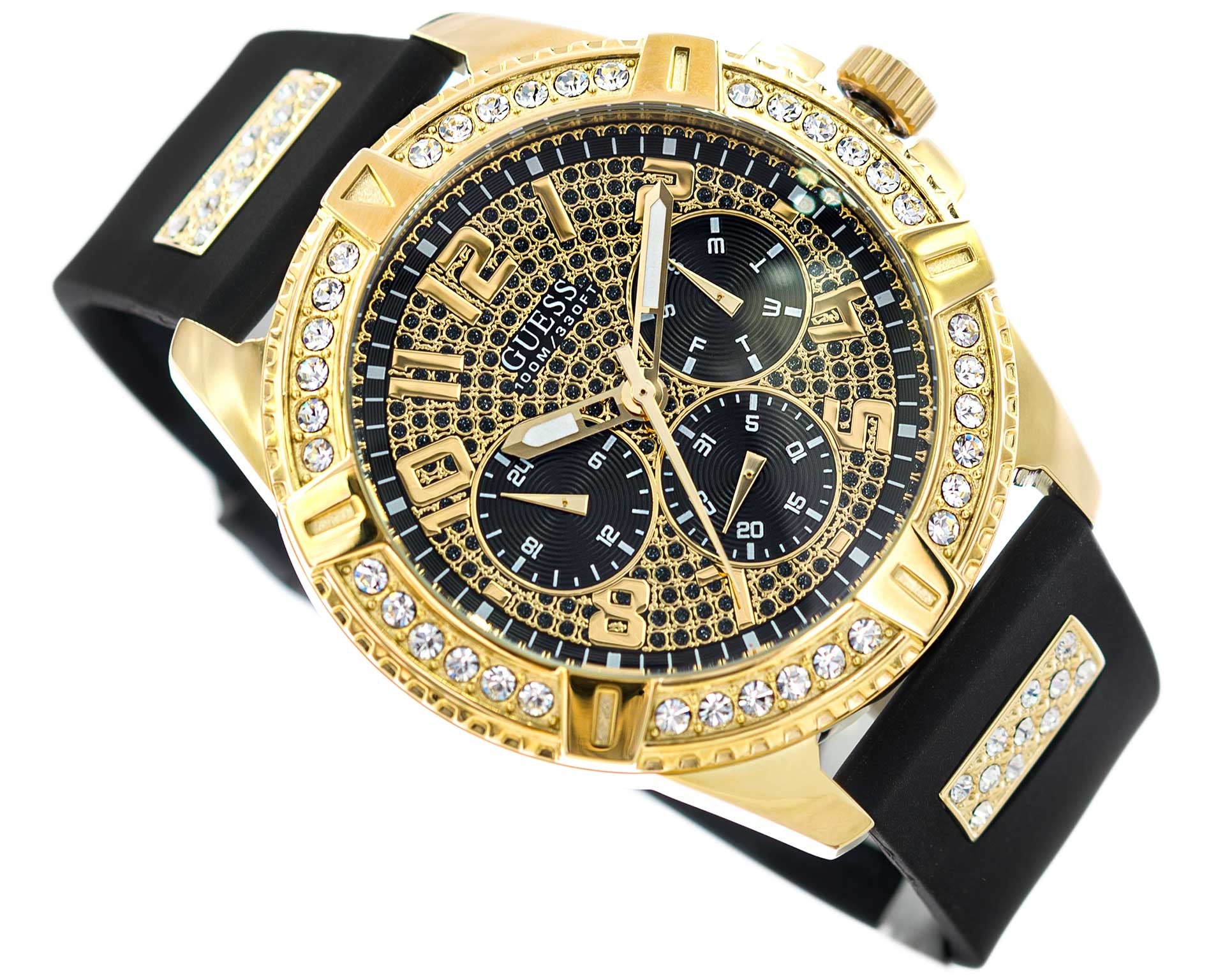 Guess Frontier Crystals Black Dial Black Silicone Strap Watch For Men - W1132G1