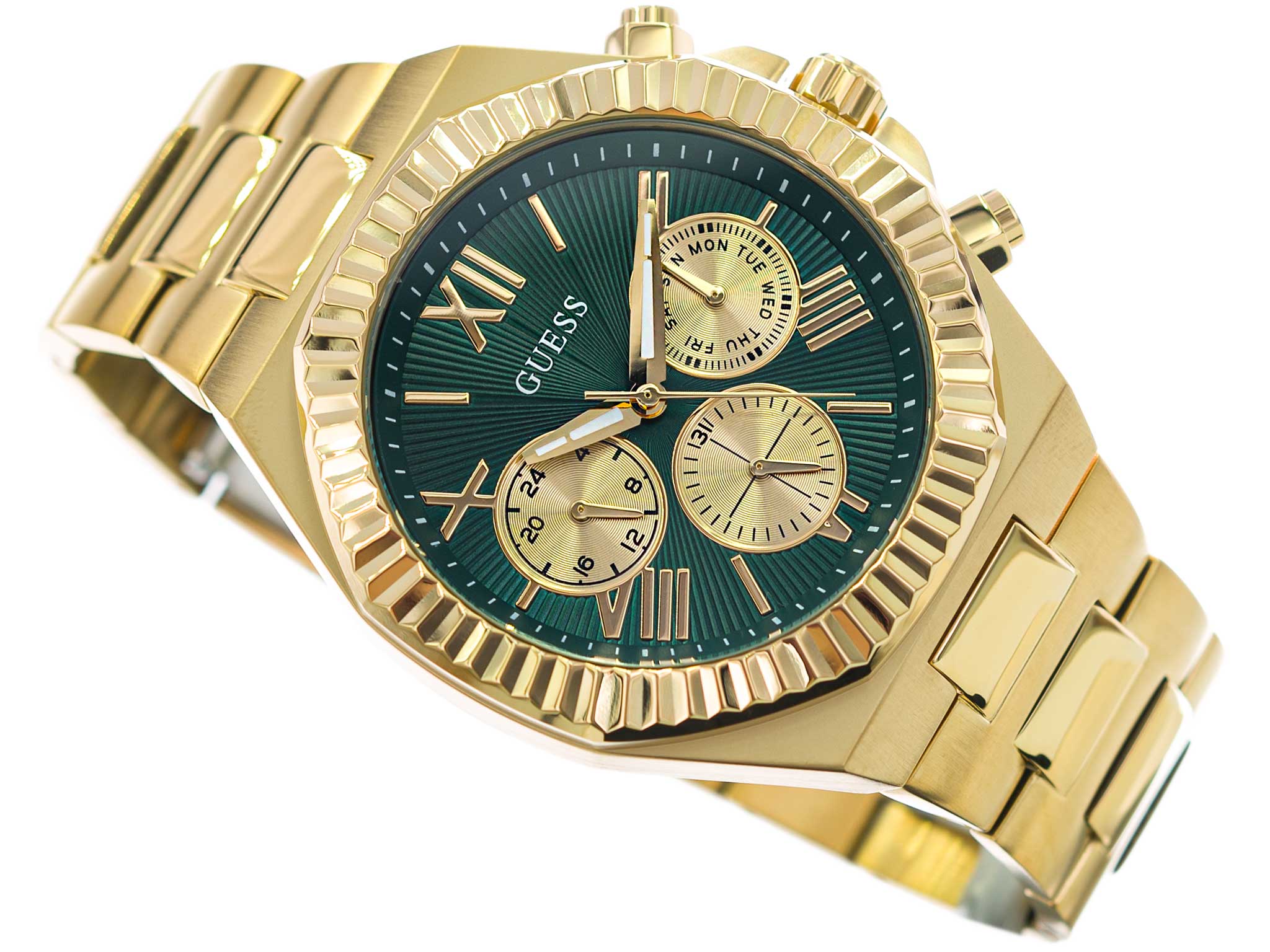 Guess Equity Analog Green Dial Gold Steel Strap Watch For Men - GW0703G2