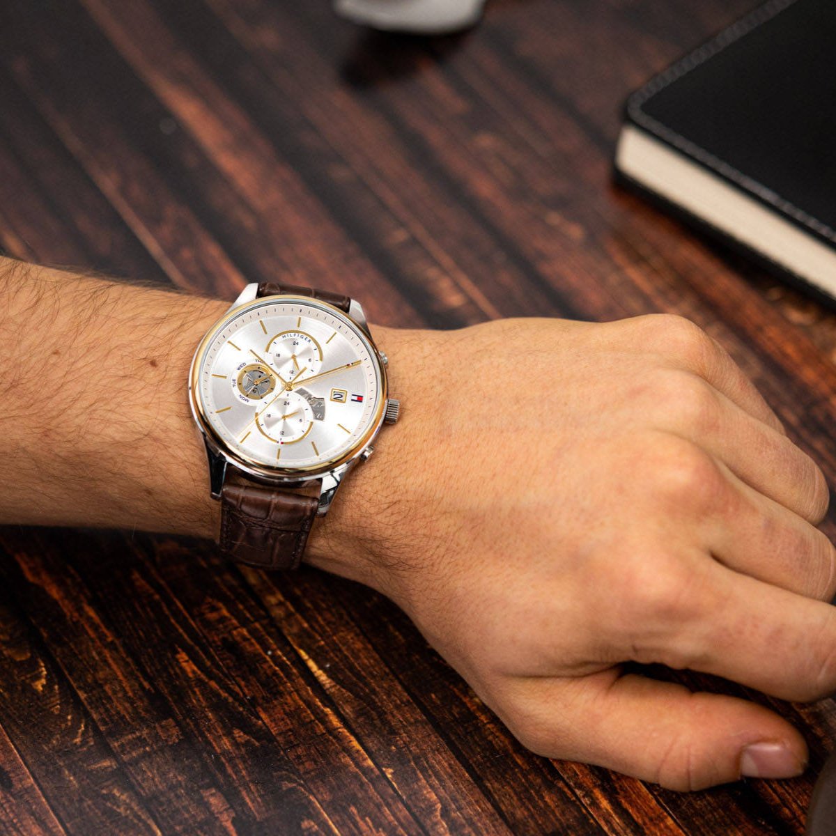 Tommy Hilfiger Weston Chronograph Silver Dial Brown Leather Strap Watch For Men - 1710501