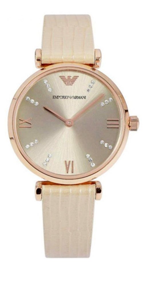 Emporio Armani Gianni T Bar Gunmetal Dial Beige Leather Strap Watch For Women - AR1681