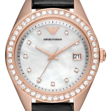 Emporio Armani Cleo Three-Hand Mother of Pearl Dial Black Leather Strap Watch For Women - AR11485