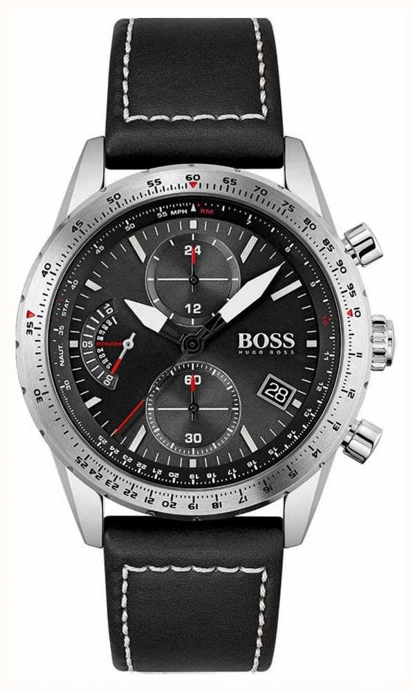 Hugo Boss Aero Chronograph Black Dial Black Leather Strap Watch for Men - 1513770
