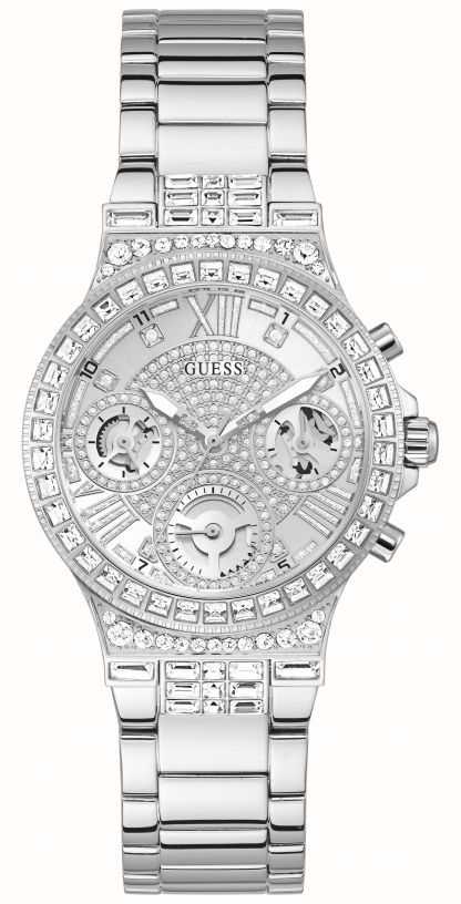 Guess Moonlight Multi Function Diamonds Silver Dial Silver Steel Strap Watch for Women - GW0320L1