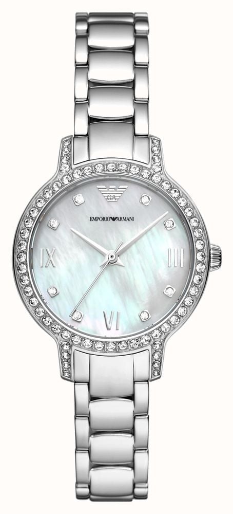 Emporio Armani Cleo Crystals Mother Of Pearl Dial Silver Steel Strap Watch For Women - AR11484