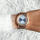 Guess Willow Crystal Blue Dial Rose Gold Mesh Bracelet Watch For Women - W0836L1