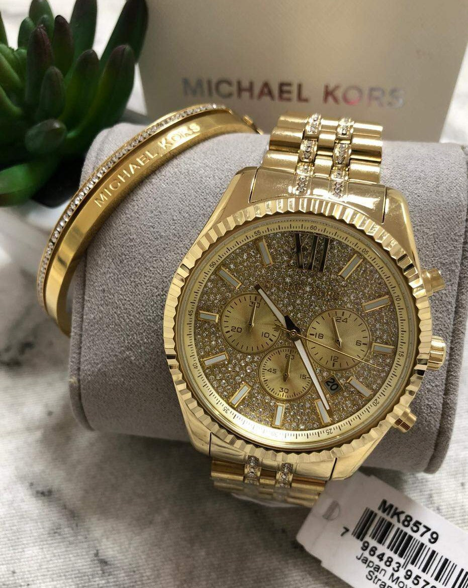 Michael Kors Lexington Chronograph Gold Dial Gold Steel Strap Watch For Men - MK8579