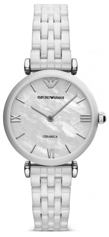 Emporio Armani Giannti T Bar Quartz Mother of Pearl Dial White Steel Strap Watch For Women - AR1485
