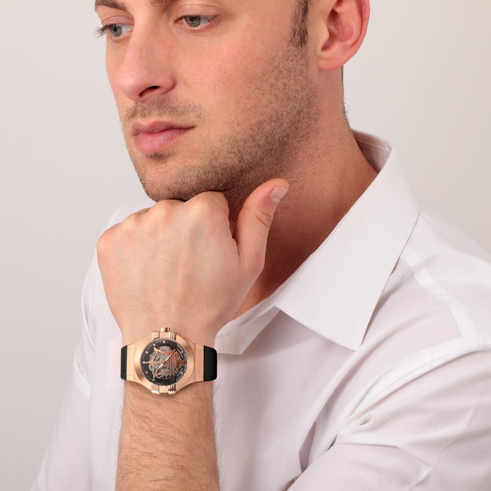 Maserati Potenza Automatic Rose Gold Dial Black Leather Strap Watch For Men - R8821108002