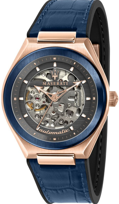 Maserati Triconic Skeleton Black Dial Blue Leather Strap Watch For Men - R8821139001