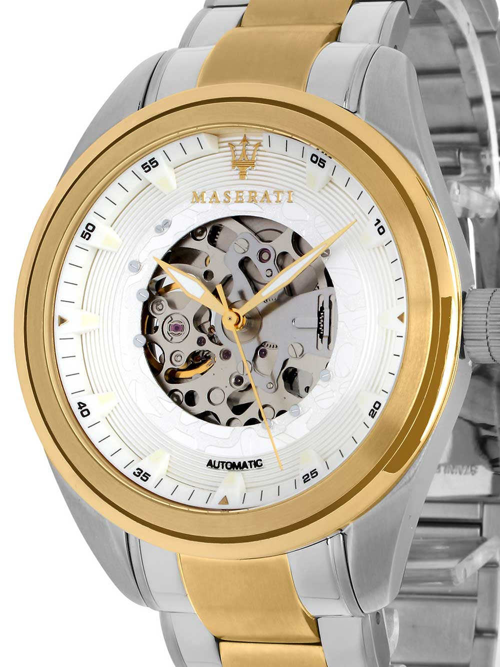 Maserati Traguardo Automatic White Skeleton Dial Two Tone Steel Strap Watch For Men - R8823112003