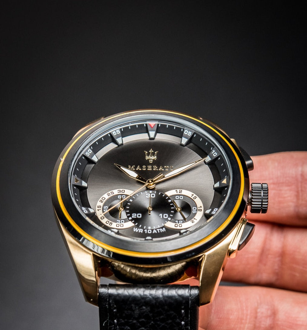 Maserati Traguardo Chronograph Black Dial Black Leather Strap Watch For Men - R8871612033
