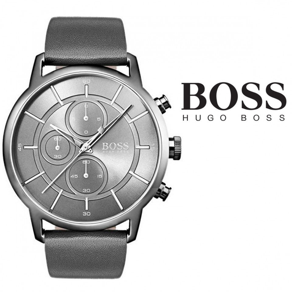 Hugo Boss Architectural Grey Dial Grey Leather Strap Watch for Men - 1513570