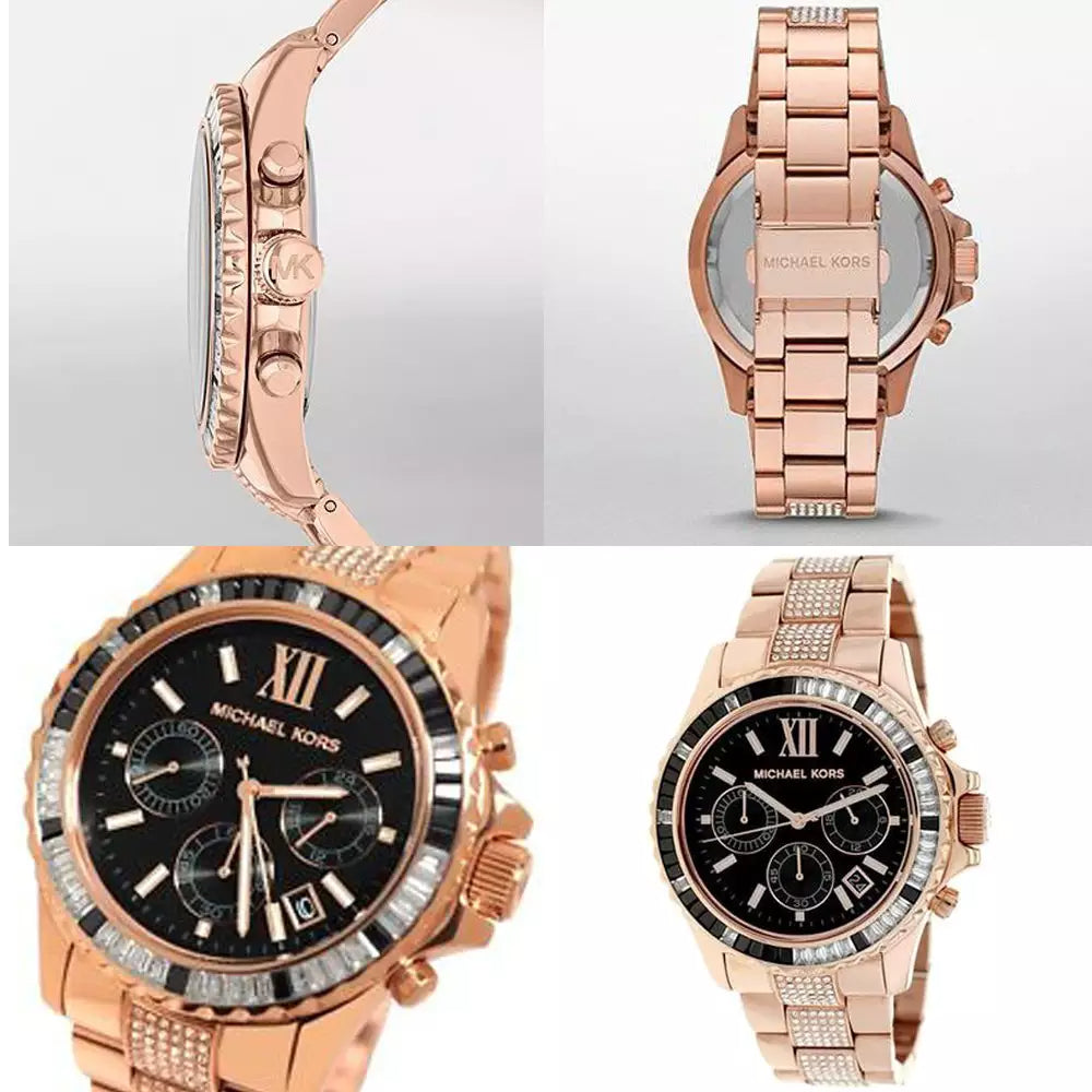 Michael Kors Everest Chronograph Black Dial Rose Gold Steel Strap Watch For Women - MK5875