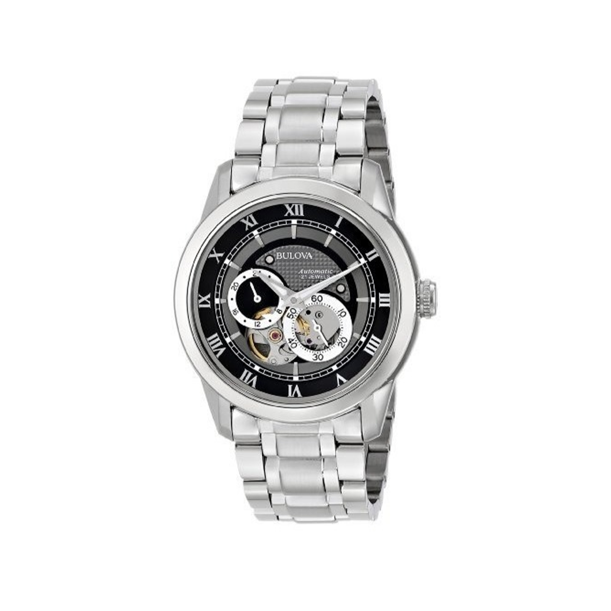 Bulova BVA Dual Aperture Black Dial Silver Steel Strap Watch for Men - 96A119