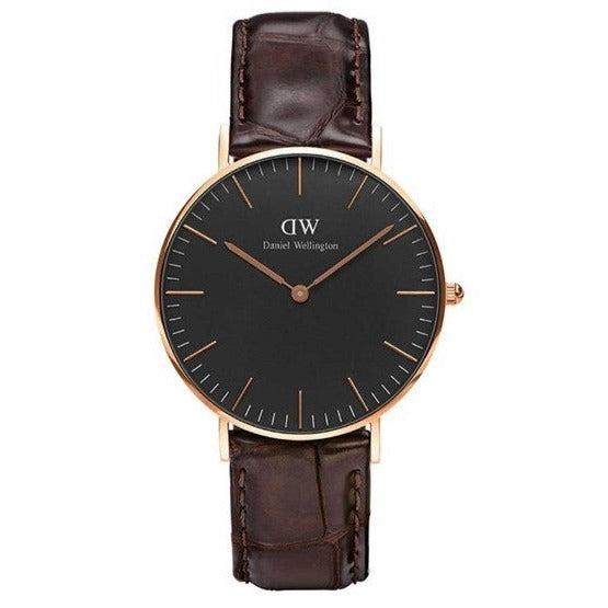 Daniel Wellington Classic York Black Dial Brown Leather Strap Watch For Women - DW00100140