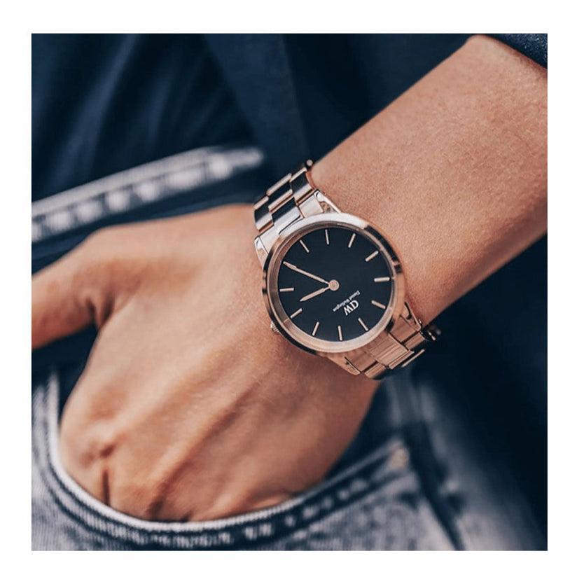 Daniel Wellington Iconic Link Black Dial Rose Gold Steel Strap Watch for Women - DW00100210
