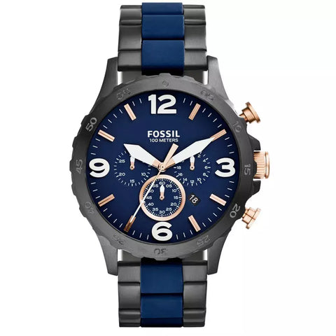 Fossil Nate Chronograph Blue Dial Two Tone Steel Strap Watch for Men - JR1494