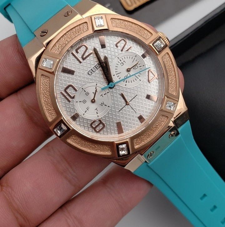 Guess Jet Setter White Dial Turquoise Silicone Strap Watch For Women - W0564L3