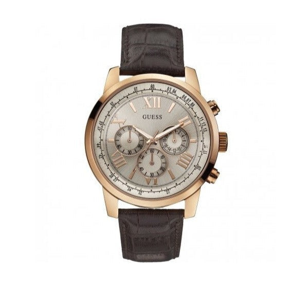 Guess Horizon Quartz Champagne Dial Brown Leather Strap Watch For Women - W0380G4