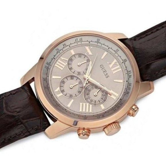 Guess Horizon Quartz Champagne Dial Brown Leather Strap Watch For Women - W0380G4