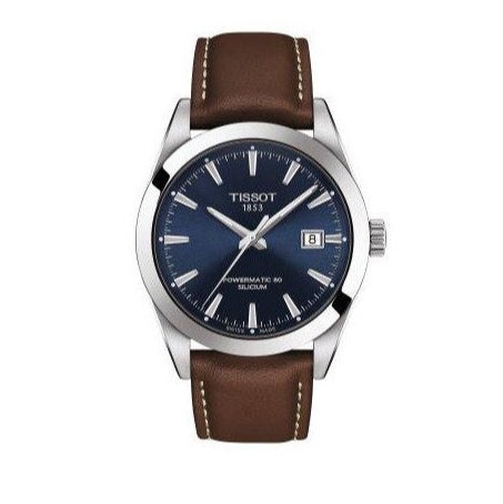 Tissot Gentleman Powermatic 80 Silicium Blue Dial Brown Leather Strap Watch For Men - T127.407.16.041.00