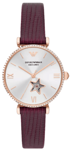 Emporio Armani Meccanico Automatic Silver Dial Burgundy Leather Strap Watch For Women - AR60044