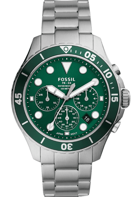 Fossil FB-03 Chronograph Green Dial Silver Steel Strap Watch for Men - FS5726